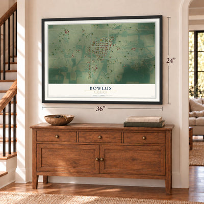 Bowlus, Minnesota map, 24 x 36 inch print in a black frame above a dresser by a staircase