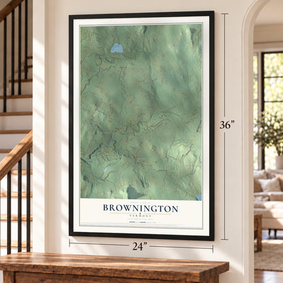 Brownington, Vermont map, 24 x 36 inch print in a black frame by a staircase