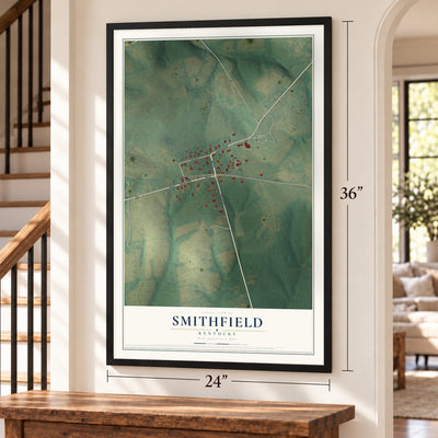 Smithfield, Kentucky map, 24 x 36 inch print in a black frame by a staircase