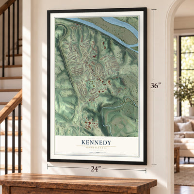 Kennedy, Pennsylvania map, 24 x 36 inch print in a black frame by a staircase