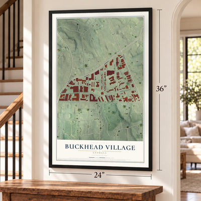 Buckhead Village, Georgia map, 24 x 36 inch print in a black frame by a staircase