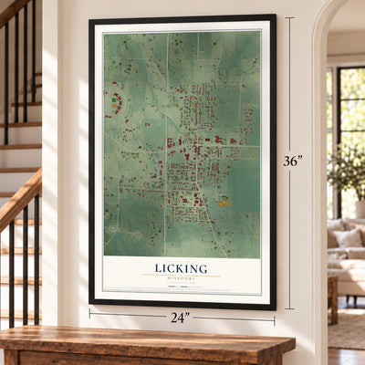 Licking, Missouri map, 24 x 36 inch print in a black frame by a staircase