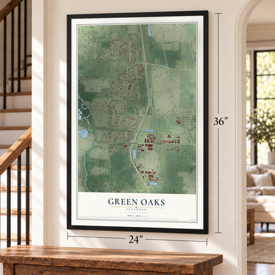 Green Oaks, Illinois map, 24 x 36 inch print in a black frame by a staircase