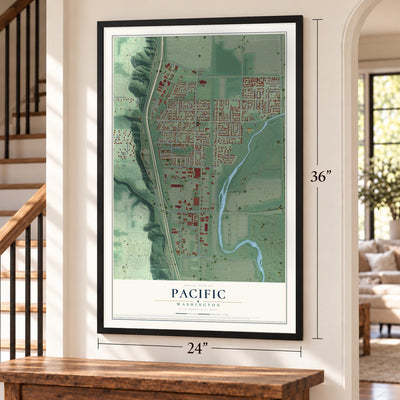 Pacific, Washington map, 24 x 36 inch print in a black frame by a staircase