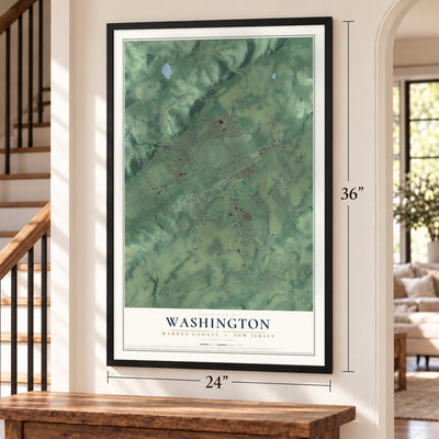 Washington, Warren County, New Jersey map, 24 x 36 inch print in a black frame by a staircase