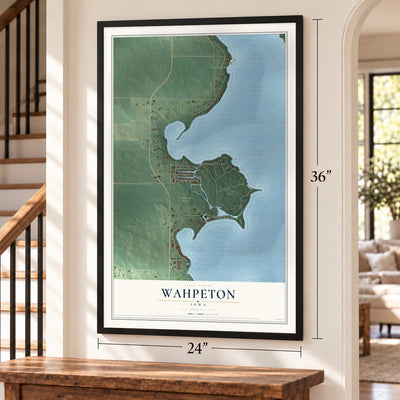 Wahpeton, Iowa map, 24 x 36 inch print in a black frame by a staircase