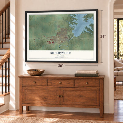 Shelbyville, Illinois map, 24 x 36 inch print in a black frame above a dresser by a staircase