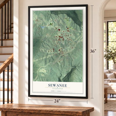 Sewanee, Tennessee map, 24 x 36 inch print in a black frame by a staircase