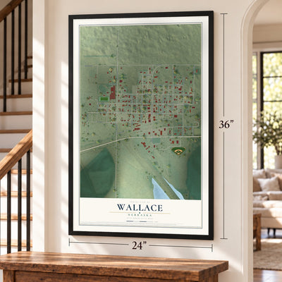 Wallace, Nebraska map, 24 x 36 inch print in a black frame by a staircase