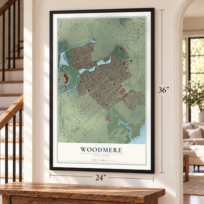 Woodmere, New York map, 24 x 36 inch print in a black frame by a staircase