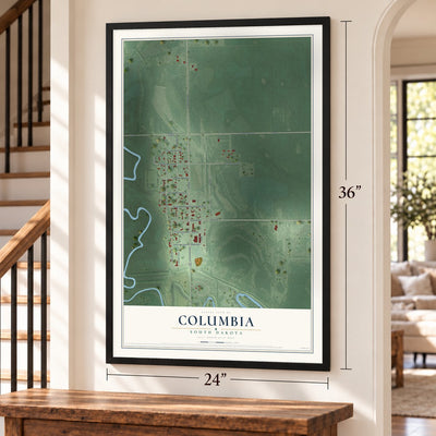 Columbia, South Dakota map, 24 x 36 inch print in a black frame by a staircase