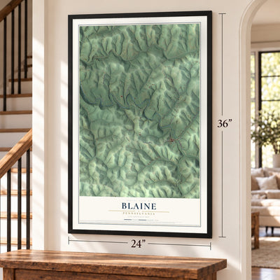 Blaine, Pennsylvania map, 24 x 36 inch print in a black frame by a staircase