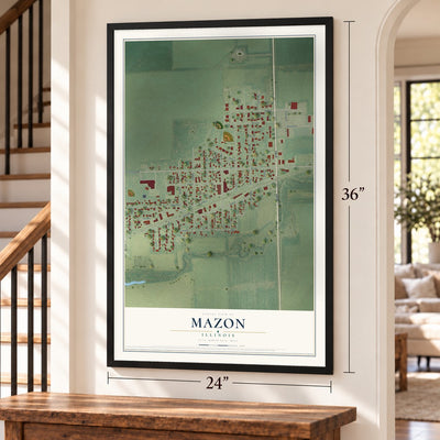 Mazon, Illinois map, 24 x 36 inch print in a black frame by a staircase