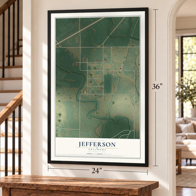 Jefferson, Oklahoma map, 24 x 36 inch print in a black frame by a staircase