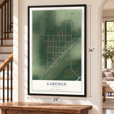Garfield, Kansas map, 24 x 36 inch print in a black frame by a staircase