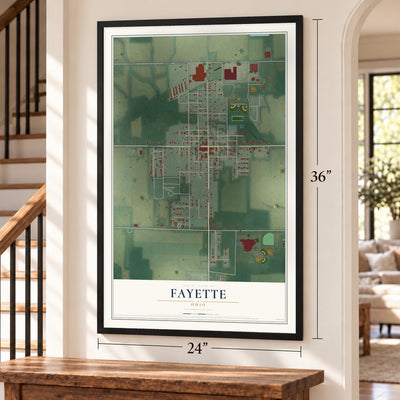 Fayette, Ohio map, 24 x 36 inch print in a black frame by a staircase