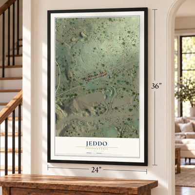 Jeddo, Pennsylvania map, 24 x 36 inch print in a black frame by a staircase