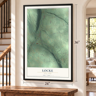 Locke, New York map, 24 x 36 inch print in a black frame by a staircase