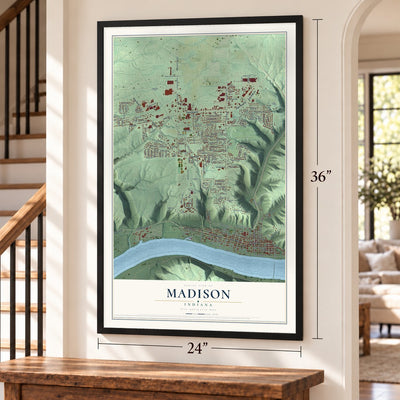 Madison, Indiana map, 24 x 36 inch print in a black frame by a staircase