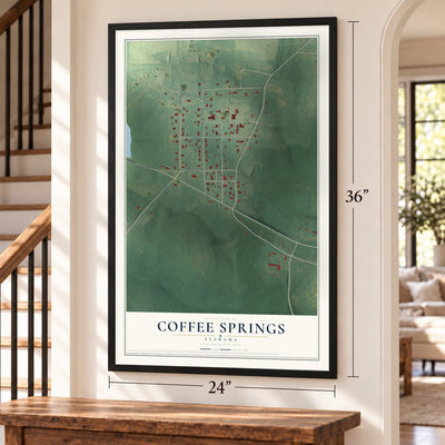 Coffee Springs, Alabama map, 24 x 36 inch print in a black frame by a staircase