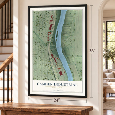 Camden Industrial, Minnesota map, 24 x 36 inch print in a black frame by a staircase