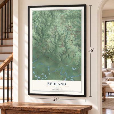 Redland, Alabama map, 24 x 36 inch print in a black frame by a staircase