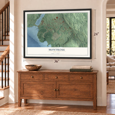 Montrose, New York map, 24 x 36 inch print in a black frame above a dresser by a staircase