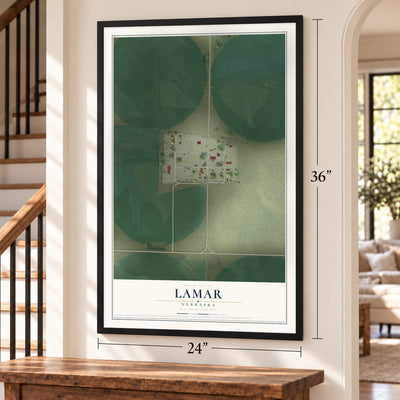 Lamar, Nebraska map, 24 x 36 inch print in a black frame by a staircase