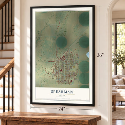 Spearman, Texas map, 24 x 36 inch print in a black frame by a staircase