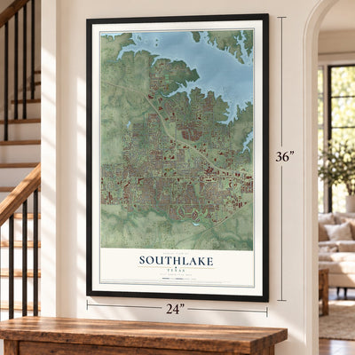 Southlake, Texas map, 24 x 36 inch print in a black frame by a staircase