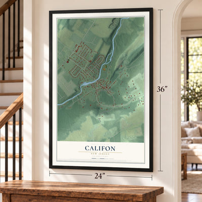 Califon, New Jersey map, 24 x 36 inch print in a black frame by a staircase