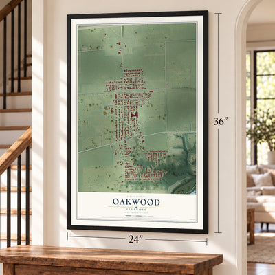 Oakwood, Illinois map, 24 x 36 inch print in a black frame by a staircase