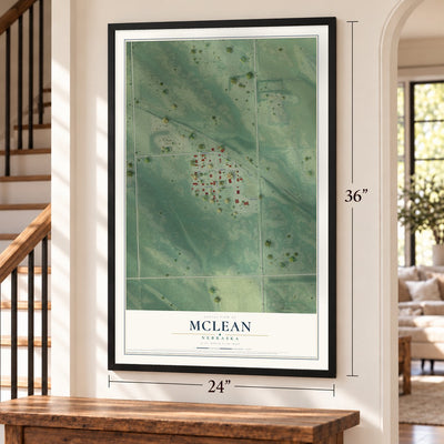 McLean, Nebraska map, 24 x 36 inch print in a black frame by a staircase