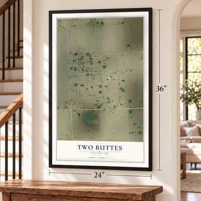 Two Buttes, Colorado map, 24 x 36 inch print in a black frame by a staircase