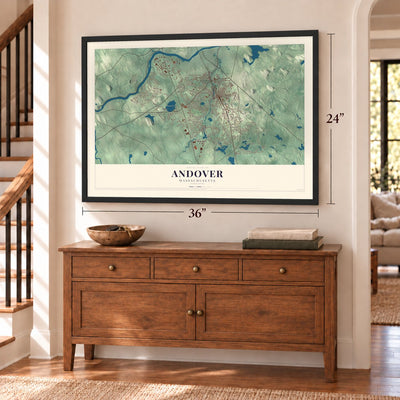 Andover, Massachusetts map, 24 x 36 inch print in a black frame above a dresser by a staircase