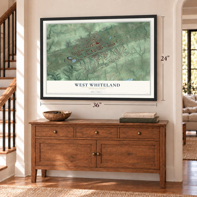 West Whiteland, Pennsylvania map, 24 x 36 inch print in a black frame above a dresser by a staircase