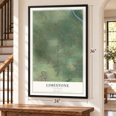 Limestone, Illinois map, 24 x 36 inch print in a black frame by a staircase