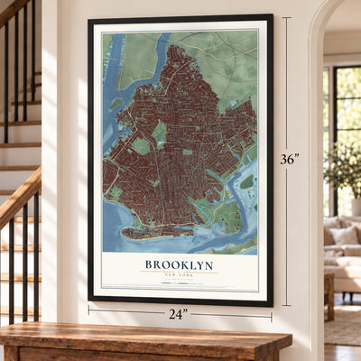 Brooklyn, New York map, 24 x 36 inch print in a black frame by a staircase