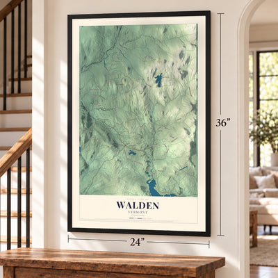 Walden, Vermont map, 24 x 36 inch print in a black frame by a staircase