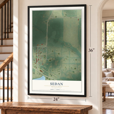 Sedan, Minnesota map, 24 x 36 inch print in a black frame by a staircase