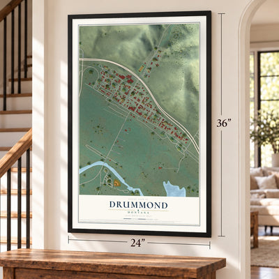 Drummond, Montana map, 24 x 36 inch print in a black frame by a staircase