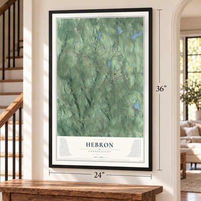Hebron, Connecticut map, 24 x 36 inch print in a black frame by a staircase