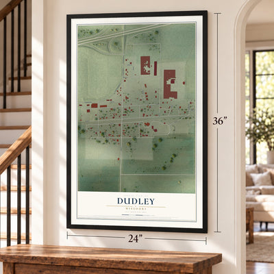 Dudley, Missouri map, 24 x 36 inch print in a black frame by a staircase