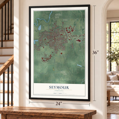 Seymour, Indiana map, 24 x 36 inch print in a black frame by a staircase