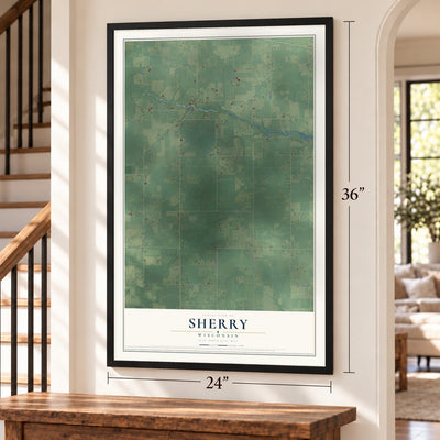Sherry, Wisconsin map, 24 x 36 inch print in a black frame by a staircase