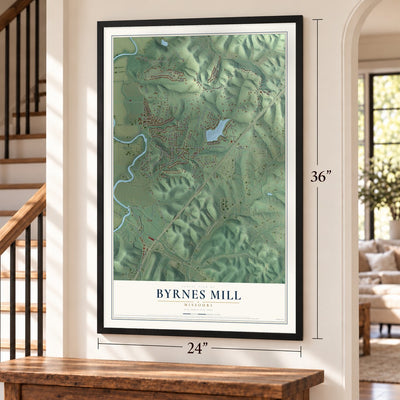 Byrnes Mill, Missouri map, 24 x 36 inch print in a black frame by a staircase