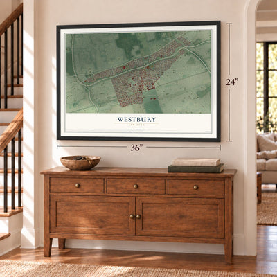 Westbury, New York map, 24 x 36 inch print in a black frame above a dresser by a staircase