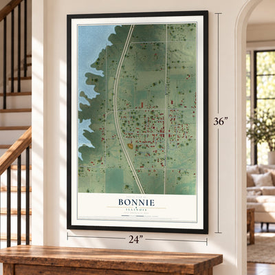 Bonnie, Illinois map, 24 x 36 inch print in a black frame by a staircase