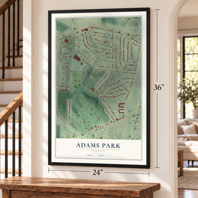 Adams Park, Georgia map, 24 x 36 inch print in a black frame by a staircase