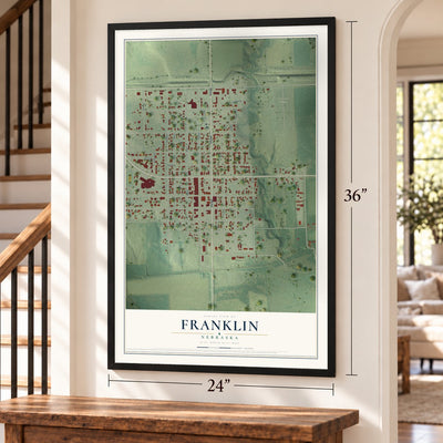 Franklin, Nebraska map, 24 x 36 inch print in a black frame by a staircase